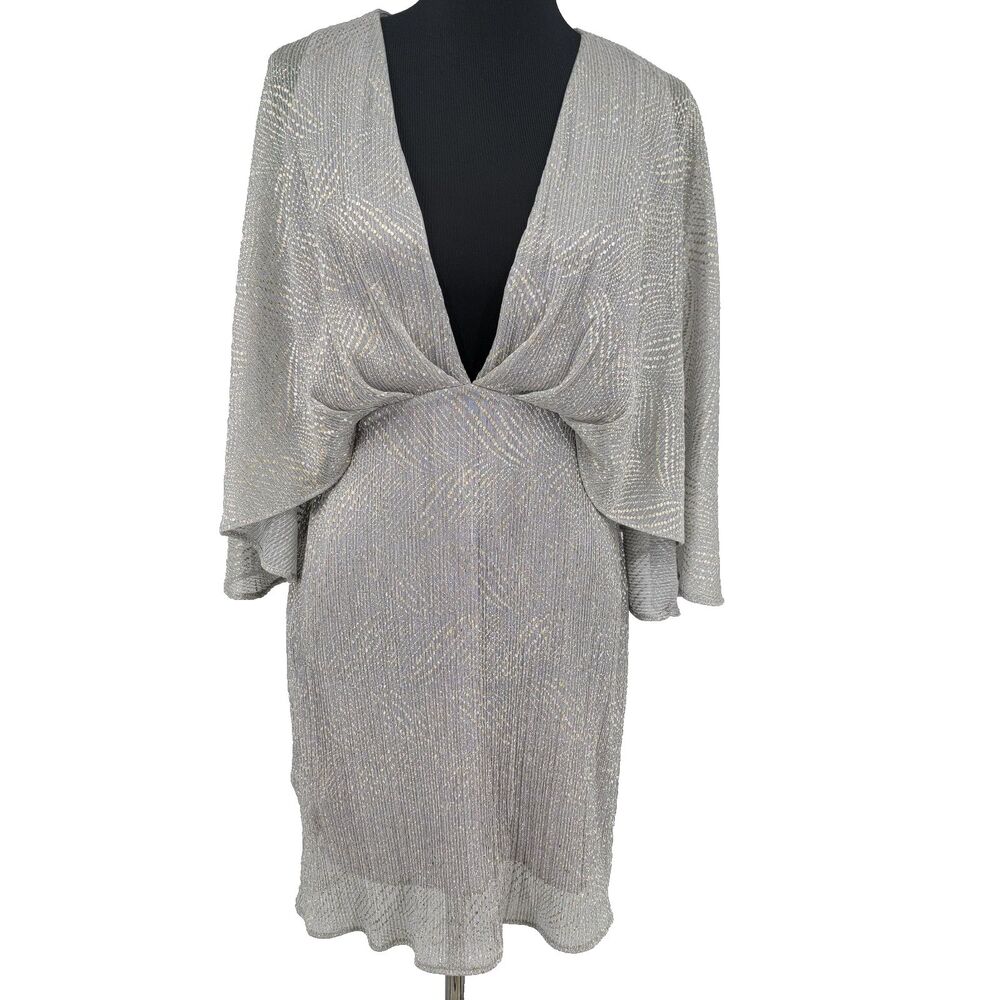 Tyche Womens L Silver/Gold Metallic Sparkling Lined Shoulder Cape Mini Dress USA